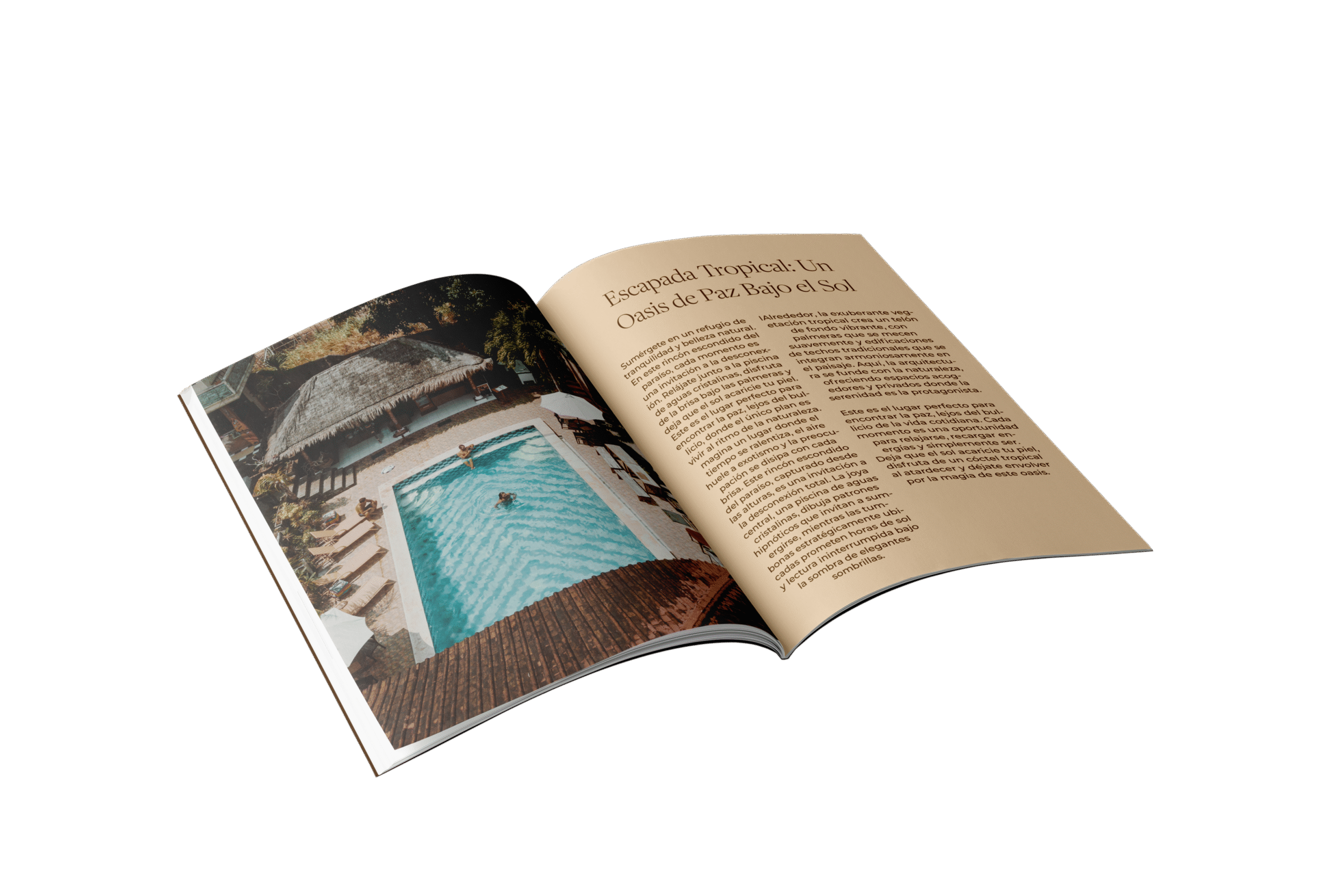 Revista abierta con artículo sobre un oasis tropical y piscina, en un entorno natural y relajante.