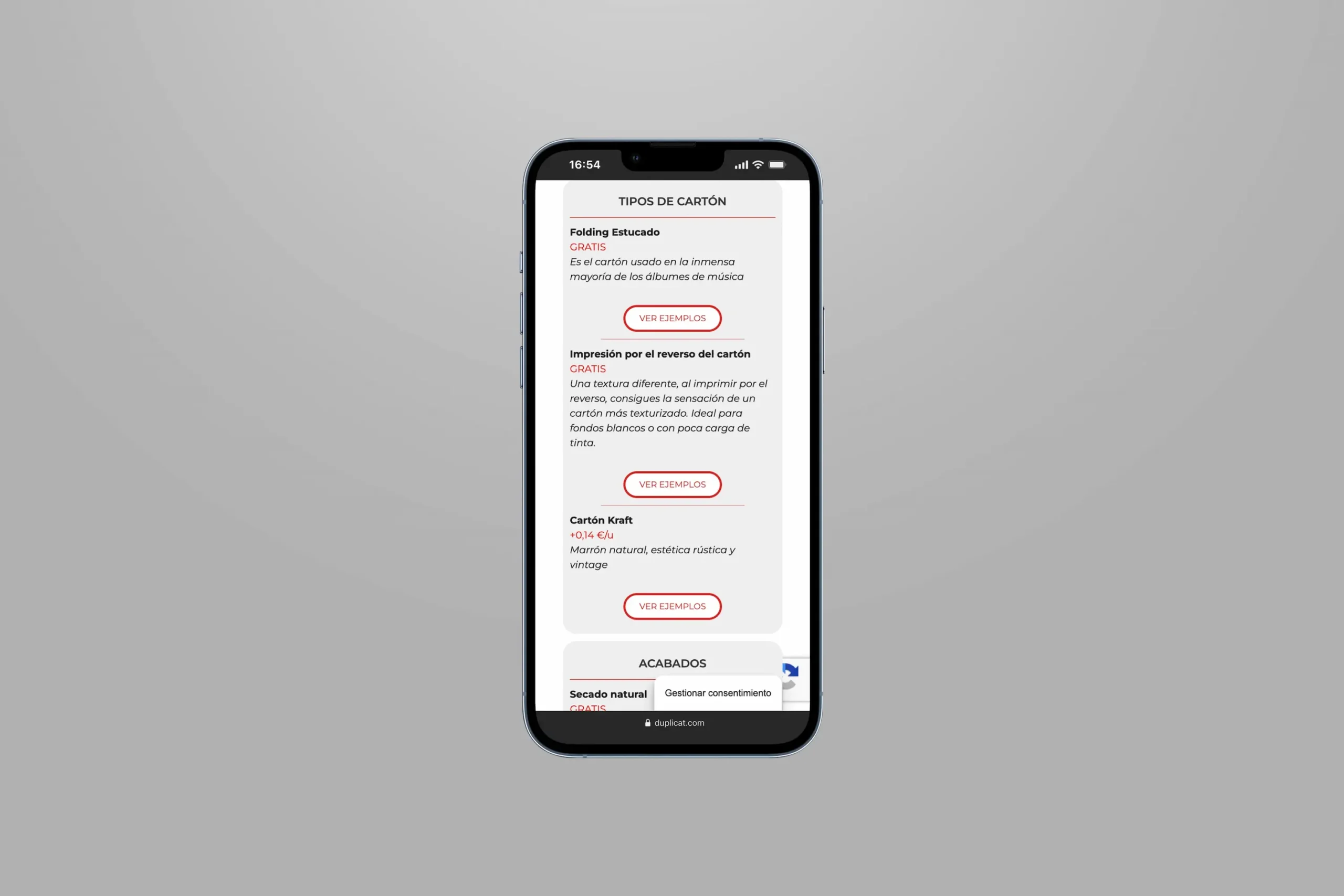 Pantalla de móvil mostrando opciones de tipos de cartón para impresión y acabados en el sitio web de Duplicat.