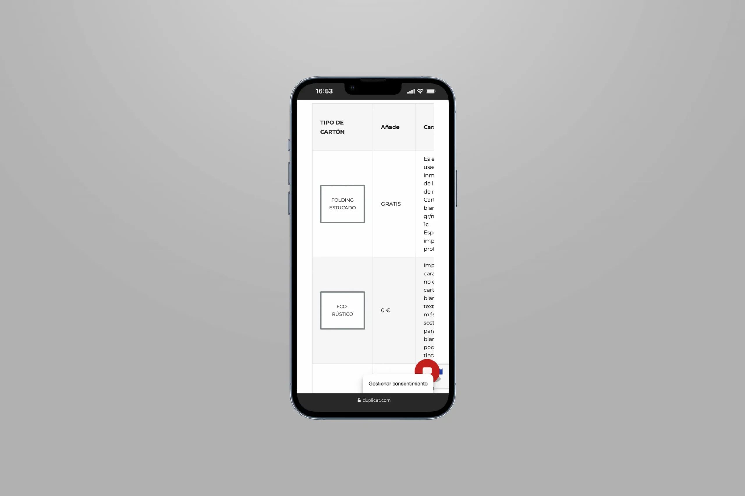 Tabla de opciones de cartón en la web de Duplicat, visible en un teléfono móvil.
