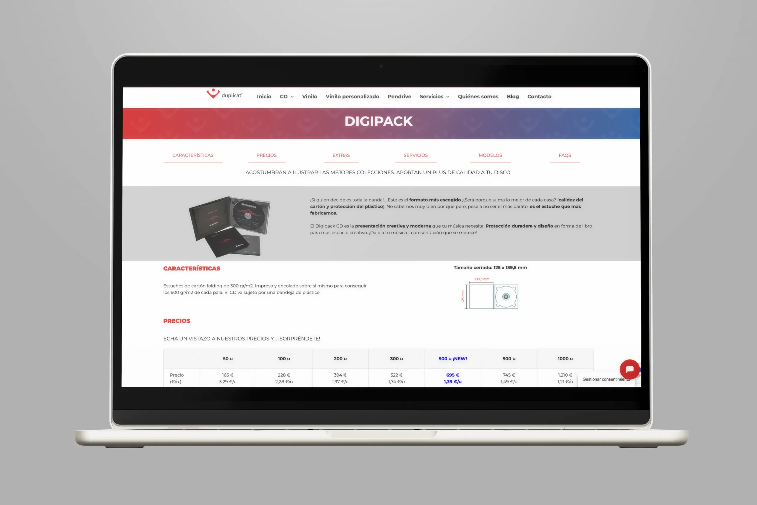 Página web de Duplicat mostrando características y precios del estuche Digipack para discos.