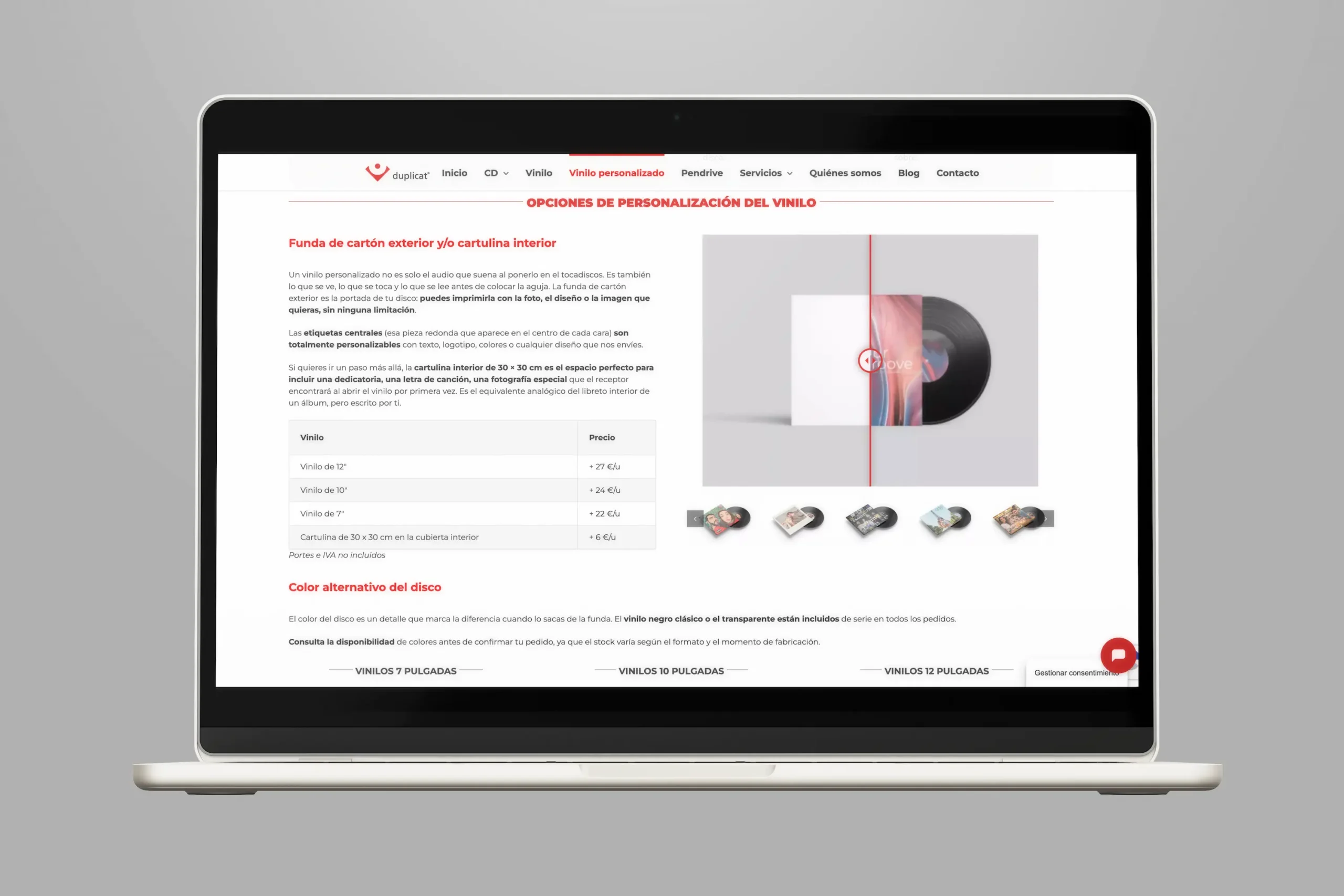 Selecciona opciones de personalización para vinilos en la página web de Duplicat, mostrando discos y sus fundas.