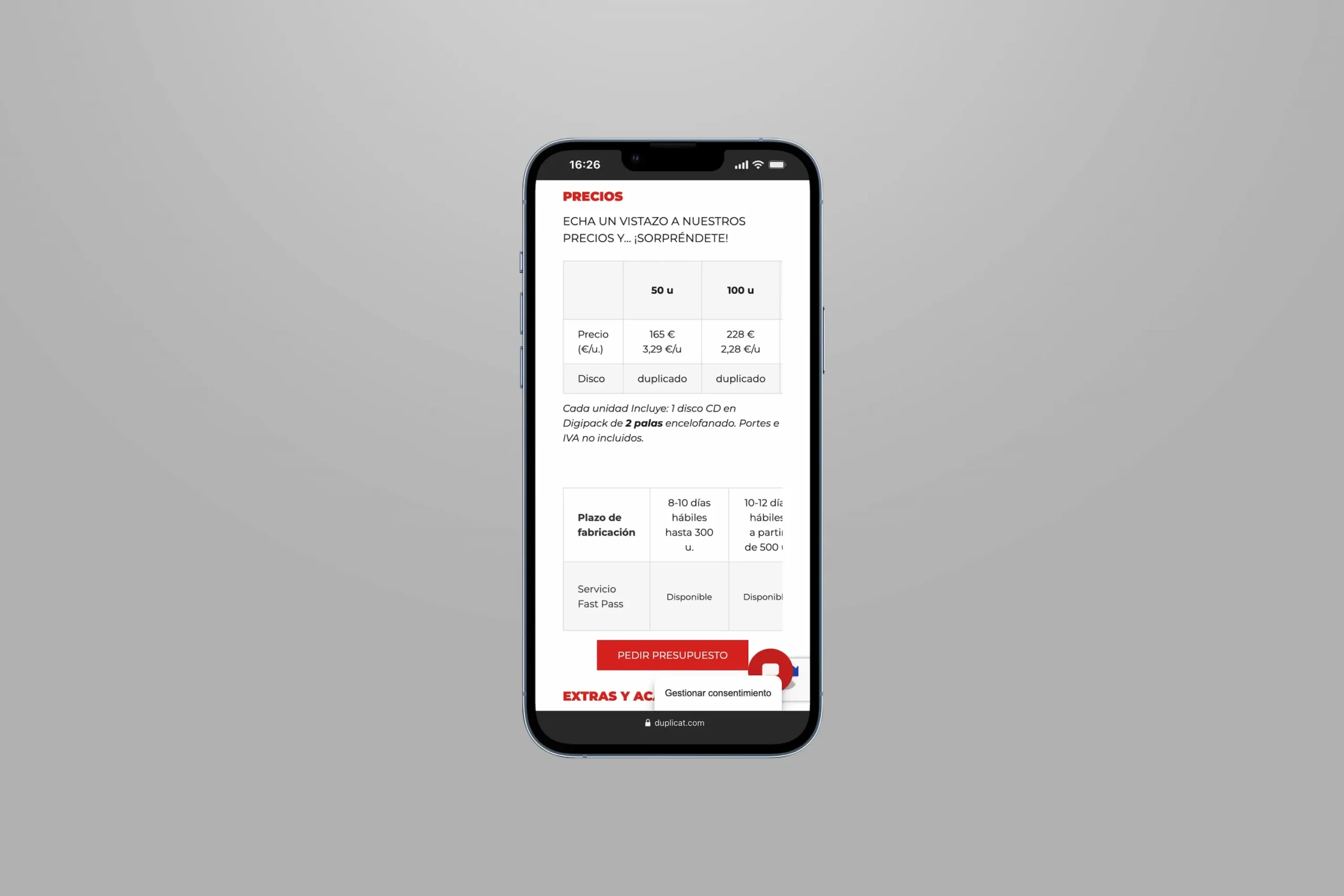 Formulario de precios de duplicación de discos, mostrando tarifas y plazos de fabricación en un smartphone.