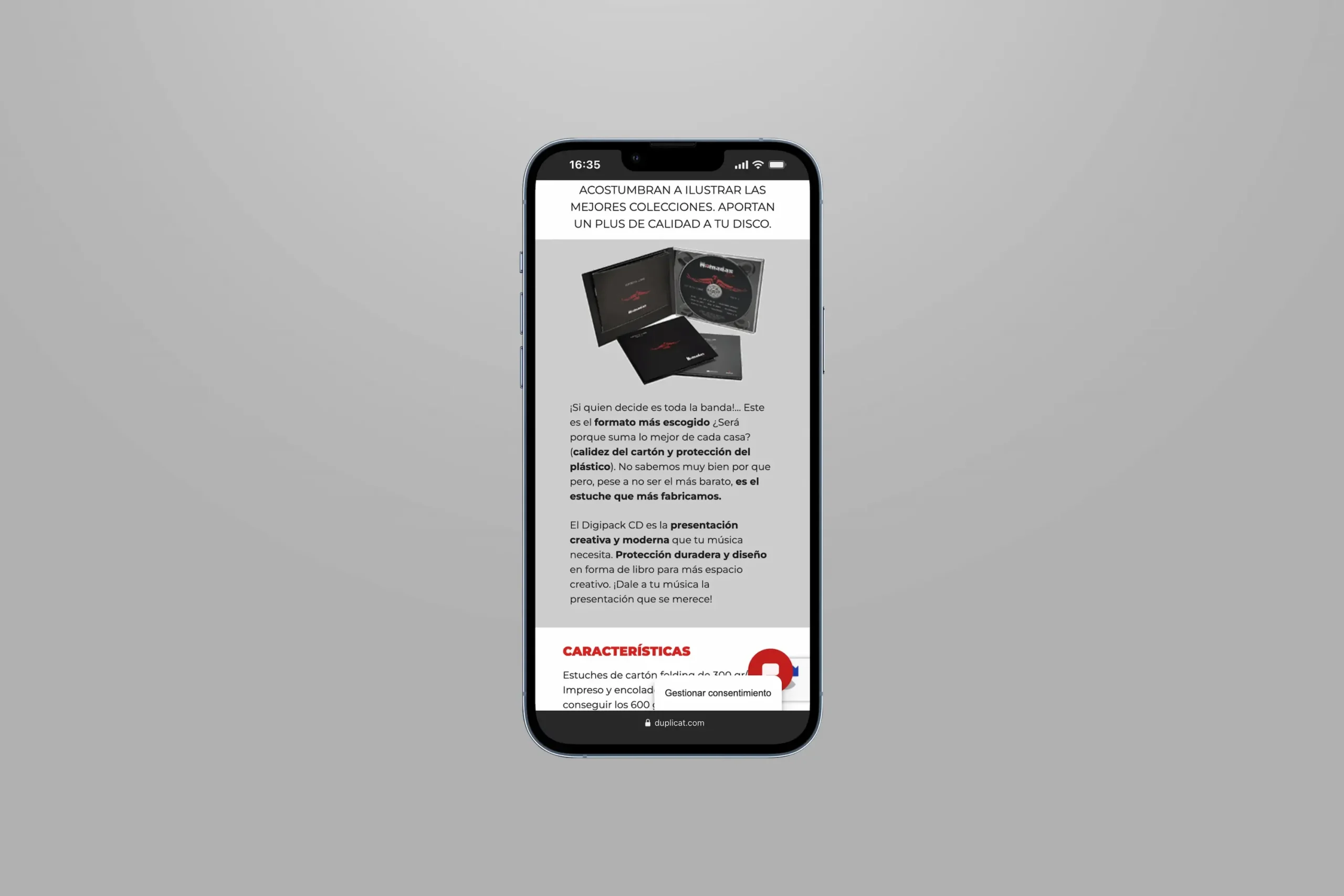 Teléfono móvil mostrando contenido sobre formatos de discos de alta calidad y presentaciones de Duplicat.
