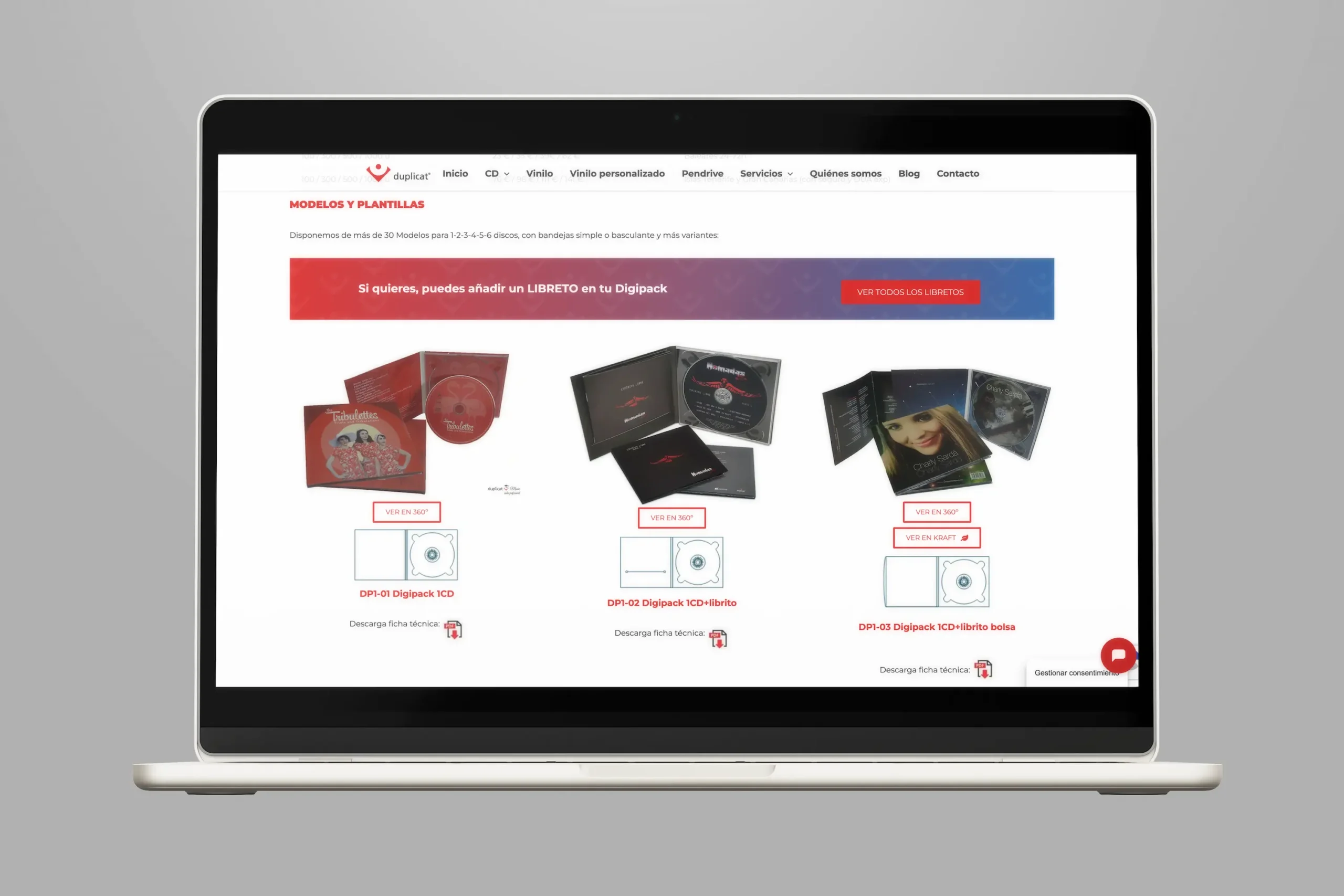 Varias plantillas de empaques para discos digitalizados en un sitio web de vinilos.
