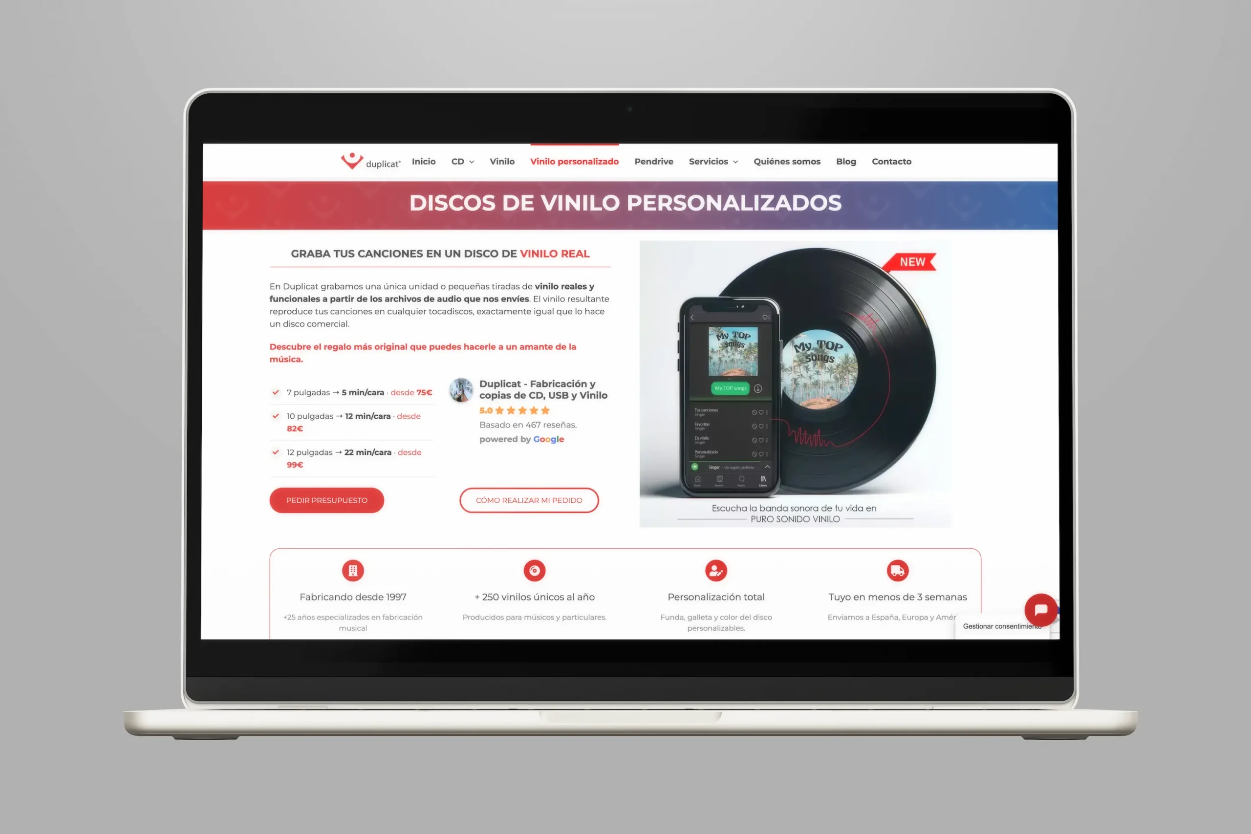Dispositivo mostrando la página de vinilos personalizados de Duplicat, con disco y smartphone en pantalla.