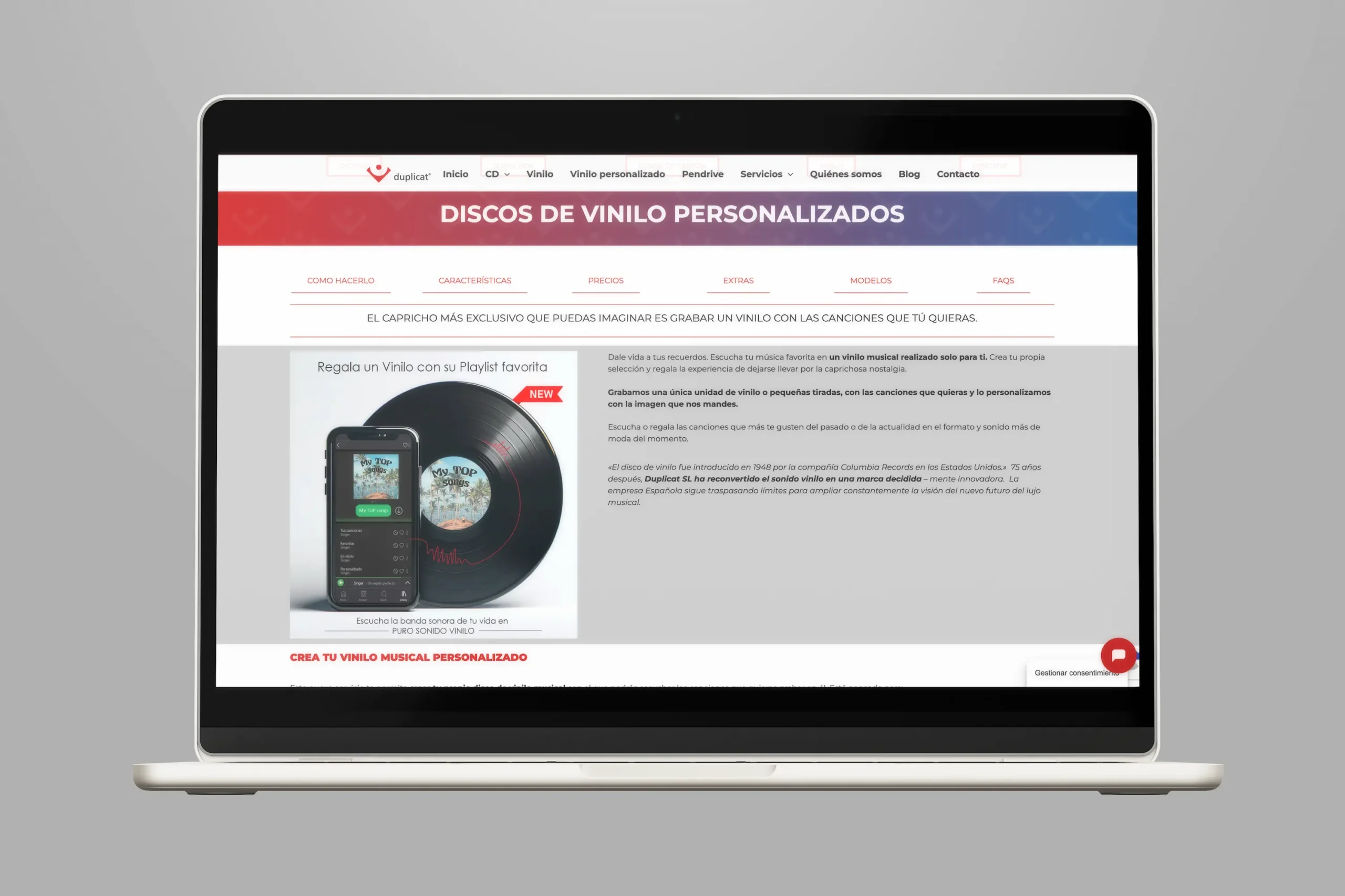 Disco de vinilo personalizado con teléfono mostrando una lista de reproducción en la página de Duplicat.