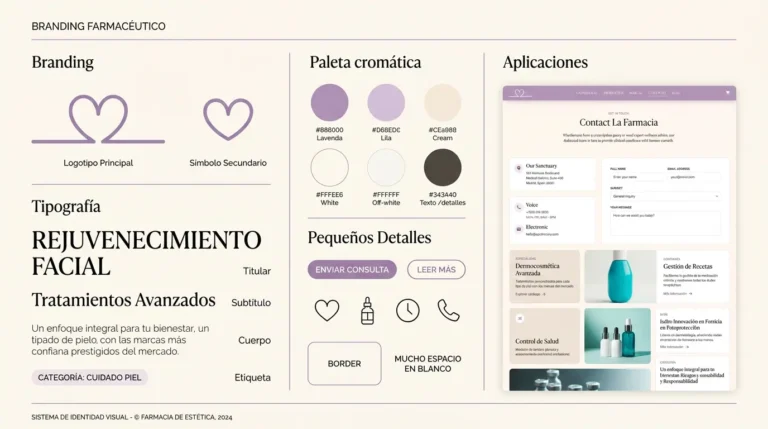 Branding de farmacia con logotipo, paleta cromática y aplicaciones para contacto y servicios estéticos.