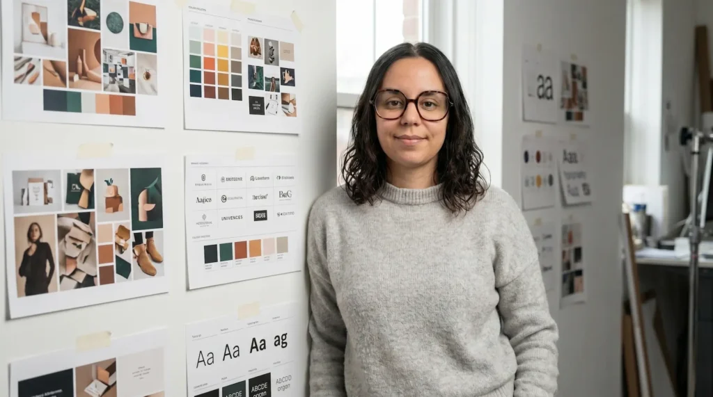 Dámaris Beltri posa frente a un panel con muestras de diseño gráfico y paletas de color en su estudio.