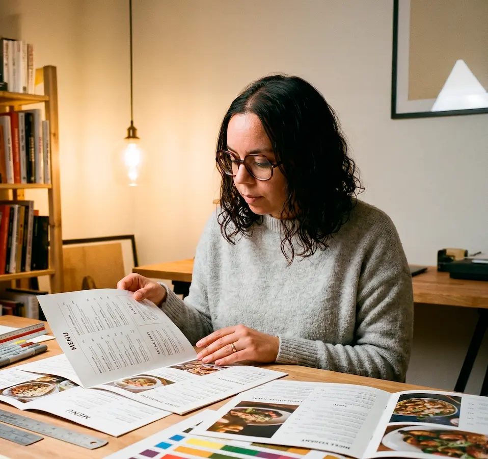 Diseñadora revisando menús impresos en una mesa, trabajando en cartas para restaurantes.
