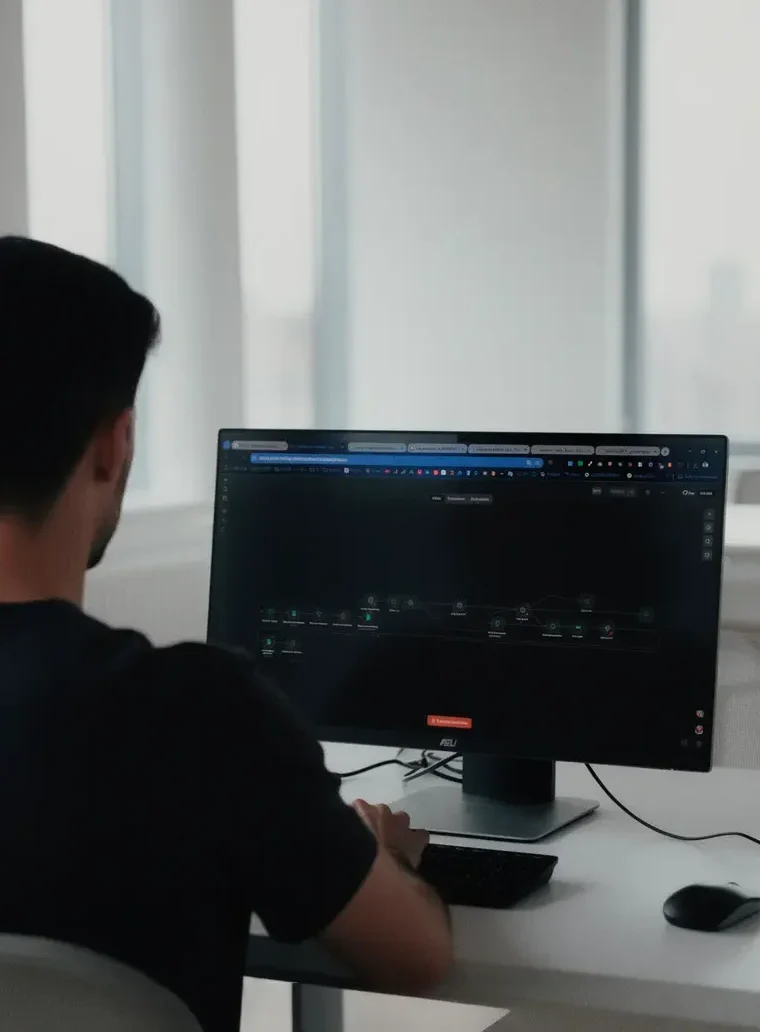 Hombre trabajando en ordenador con pantalla oscura que muestra un software de automatización de procesos.