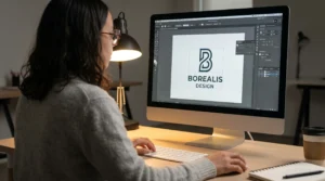 Diseñadora trabajando en el diseño profesional de un logotipo, relacionado con el precio de crear una marca