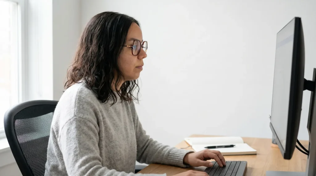 Diseñadora web UX/UI trabajando en computadora con teclado, enfocada en el diseño visual y prototipos.