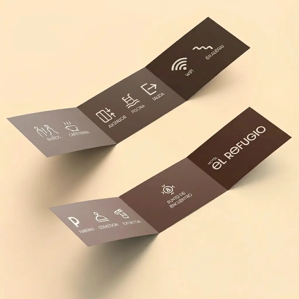 Diseño gráfico editorial de un folleto con iconos de servicios del hotel El Refugio.
