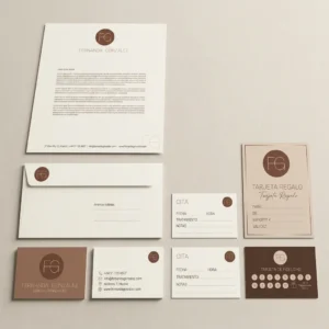 Diseño de papelería elegante con tarjetas de visita, citas y carta de presentación de Fernanda González.