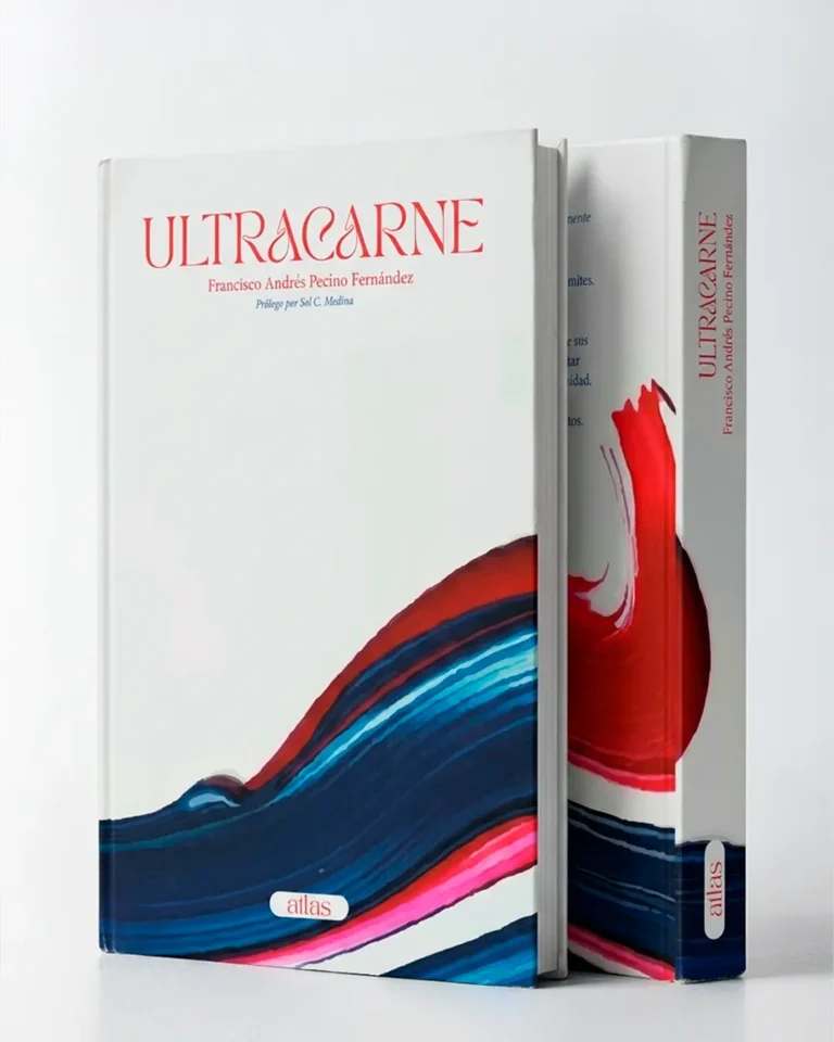 Cubierta del poemario Ultracarne, con diseño abstracto en tonos rojos y azules, título en rojo brillante.