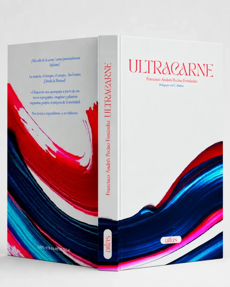 Portada del poemario "Ultracarne" con diseño abstracto y título destacado en rojo.