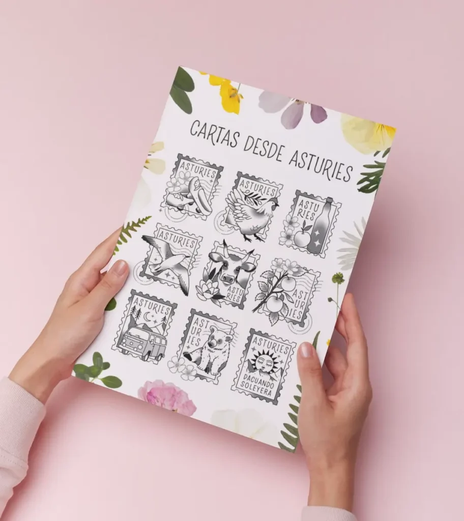 Lámina ilustrada «Cartas desde Asturies» con sellos dibujados a tinta por Paula de la Fuente