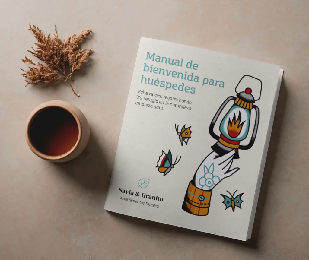 Portada ilustrada del manual de bienvenida de los apartamentos rurales Savia & Granito