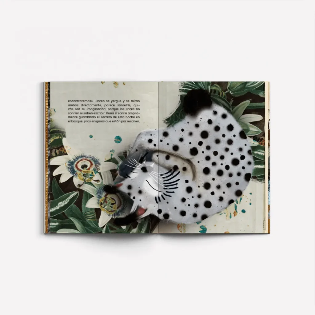 Ilustración de interior del álbum ilustrado Kuna, con el lince Linceo, obra de Paula de la Fuente