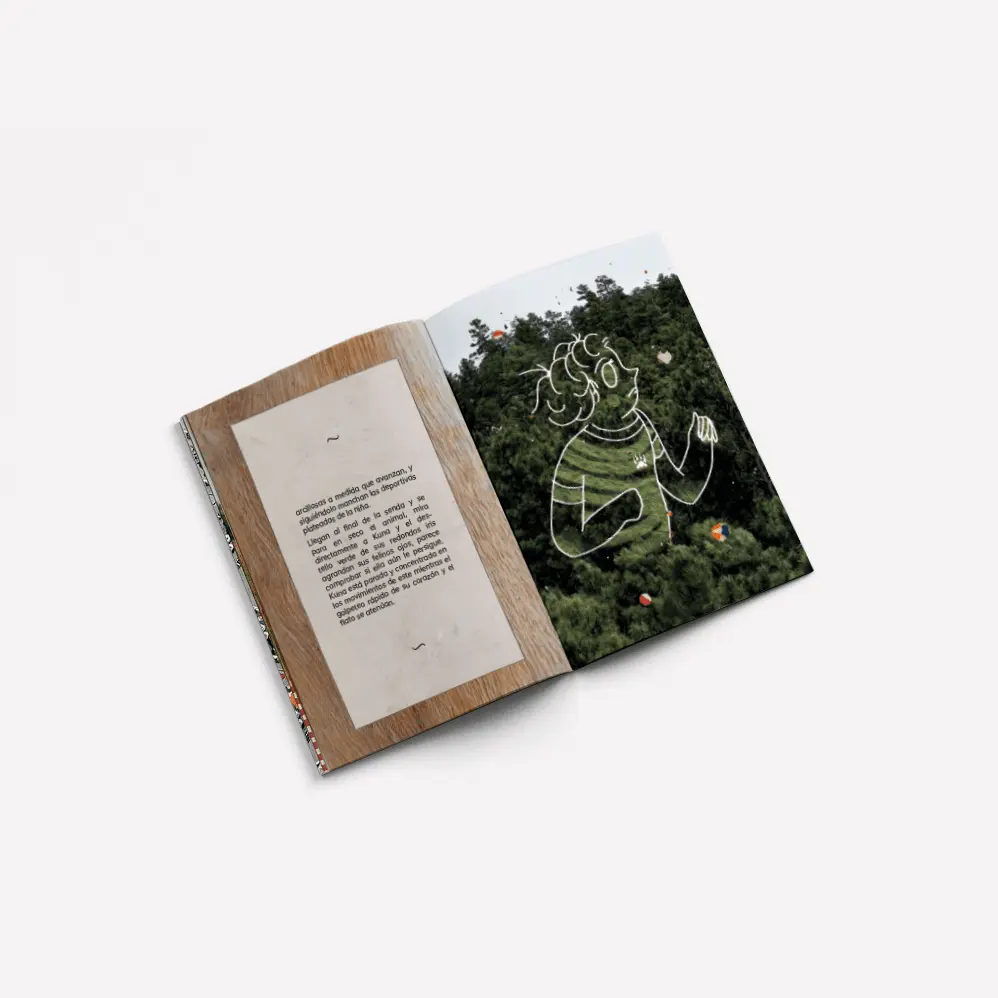 Doble página ilustrada del álbum Kuna con una escena en el bosque, obra de Paula de la Fuente
