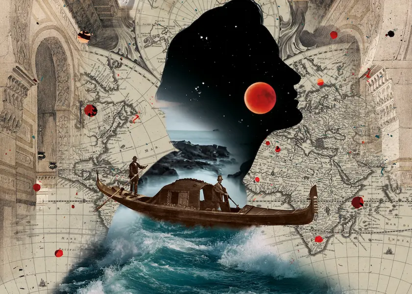 Ilustración editorial en técnica de collage con mapas antiguos y una góndola, obra de Paula de la Fuente