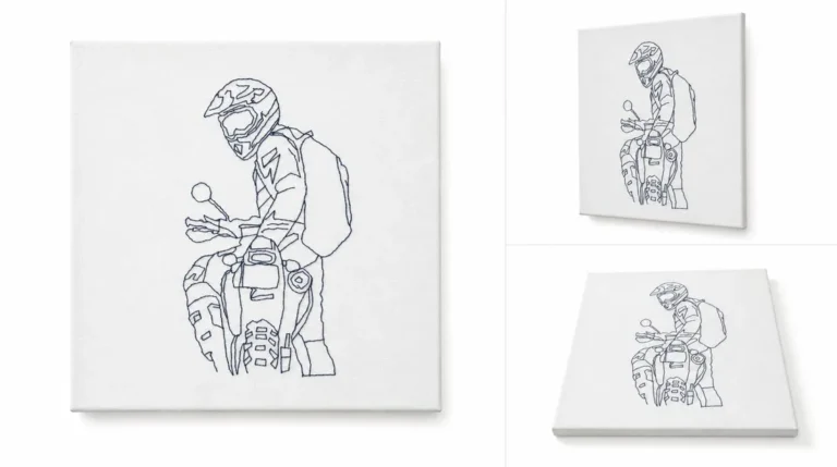 Retrato bordado a mano de motorista de enduro, bordado de línea continua