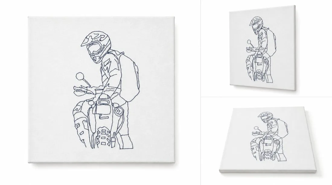 Retrato bordado a mano de motorista de enduro, bordado de línea continua