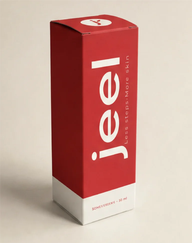 Caja roja de 30 ml de Jeel con el logotipo en vertical y el claim Less steps. More skin