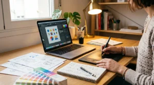 Diseñadora gráfica dibujando con una tableta gráfica en su mesa de trabajo, con bocetos, portátil y muestras de color