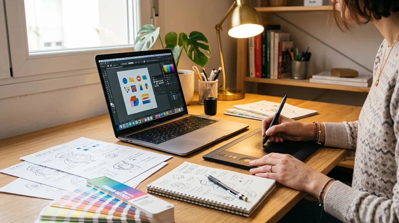 Diseñadora gráfica dibujando con una tableta gráfica en su mesa de trabajo, con bocetos, portátil y muestras de color